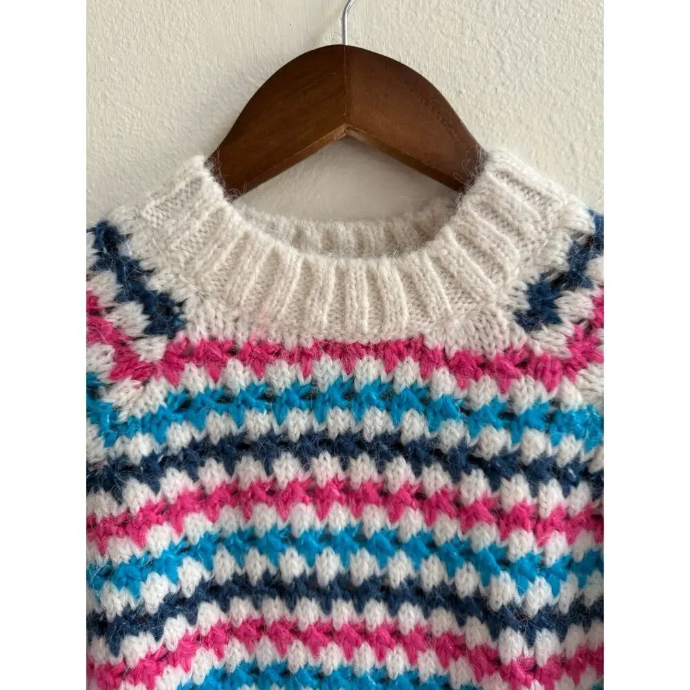Zara NWT Chunky White Blue Pink Striped Knit Crewneck Pullover Sweater Medium - Picture 4 of 16